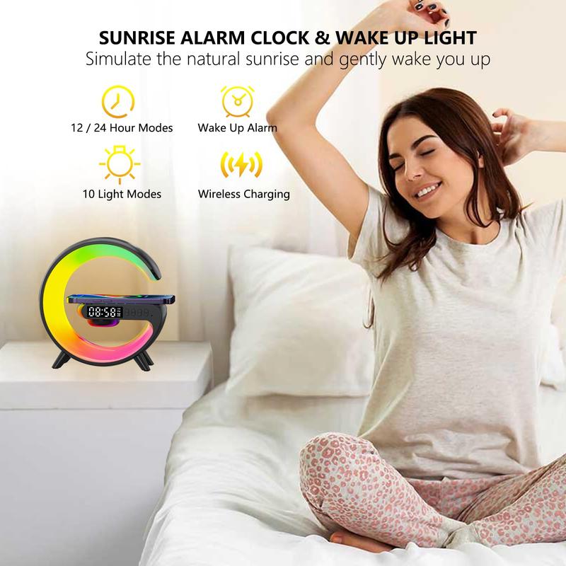 New Wireless Speaker Charger, Atmosphere Bedside Light with Wireless Charging Station,Music Lit Lamp 4 in 1 Alarm Clock Gifts Idea for Family (White) Night Light Lamp Multifunctional Wireless Audio Speaker Christmas gifts - 1